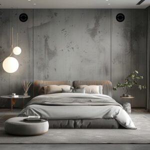 Interior of attic bedroom with white walls, wooden floor, master bed with white blanket and window with mountain view. 3d rendering