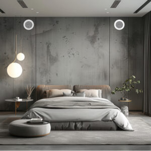 Style bedroom with recycled pallet bed and city view. 3D rendering.