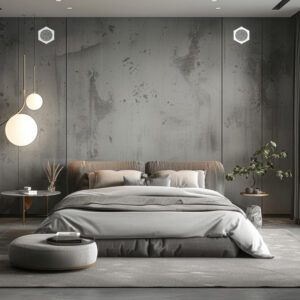 Interior of attic bedroom with white walls, wooden floor, master bed with white blanket and window with mountain view. 3d rendering