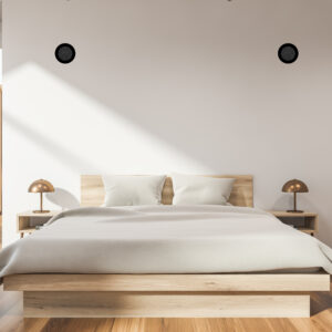 Style bedroom with recycled pallet bed and city view. 3D rendering.